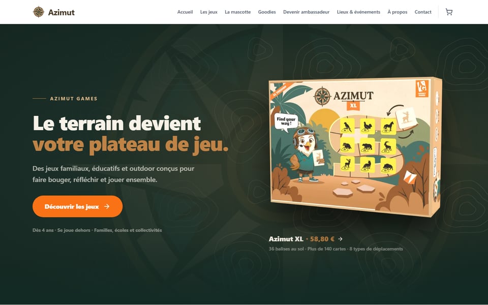 Page d'accueil d'Azimut Games : boîte du jeu Azimut XL sur fond vert forêt, titre « Le terrain devient votre plateau de jeu ».