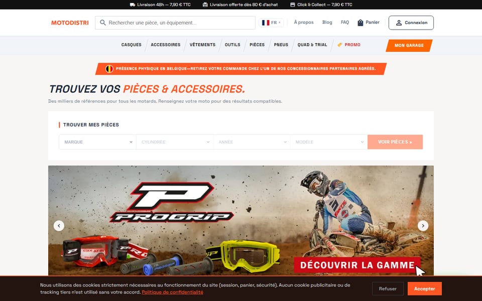 Capture du site Motodistri : boutique en ligne de pièces et équipements moto.