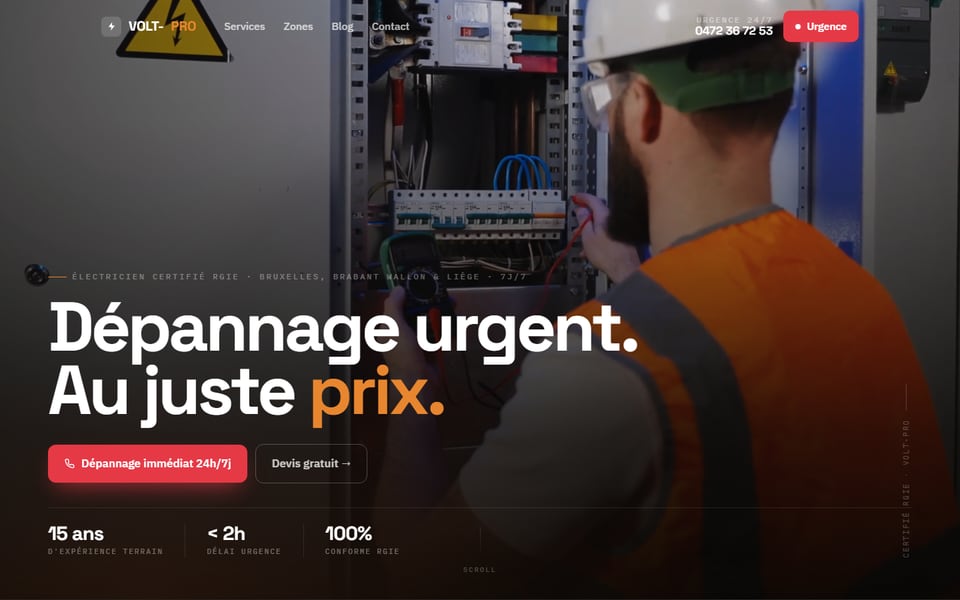 Page d'accueil de Volt-Pro : électricien en intervention sur un tableau électrique, titre « Dépannage urgent. Au juste prix. »